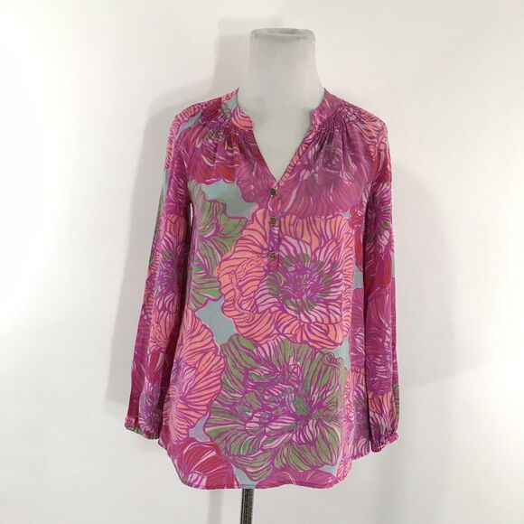 Lilly Pulitzer blouse XXS / 2XS Elsa Top PINK/Tourquoise Floral 100% silk - Picture 1 of 8